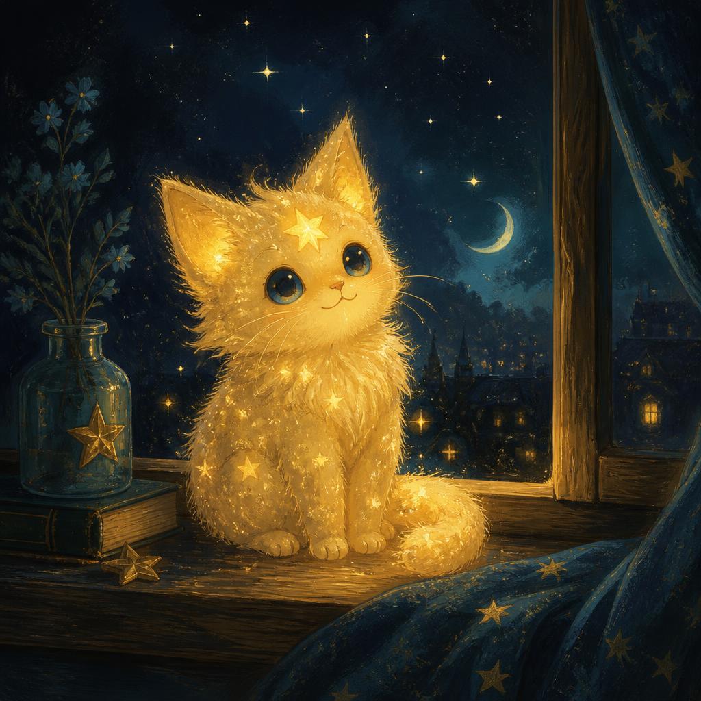 A glowing star resident in the form of a small cat sitting on a windowsill