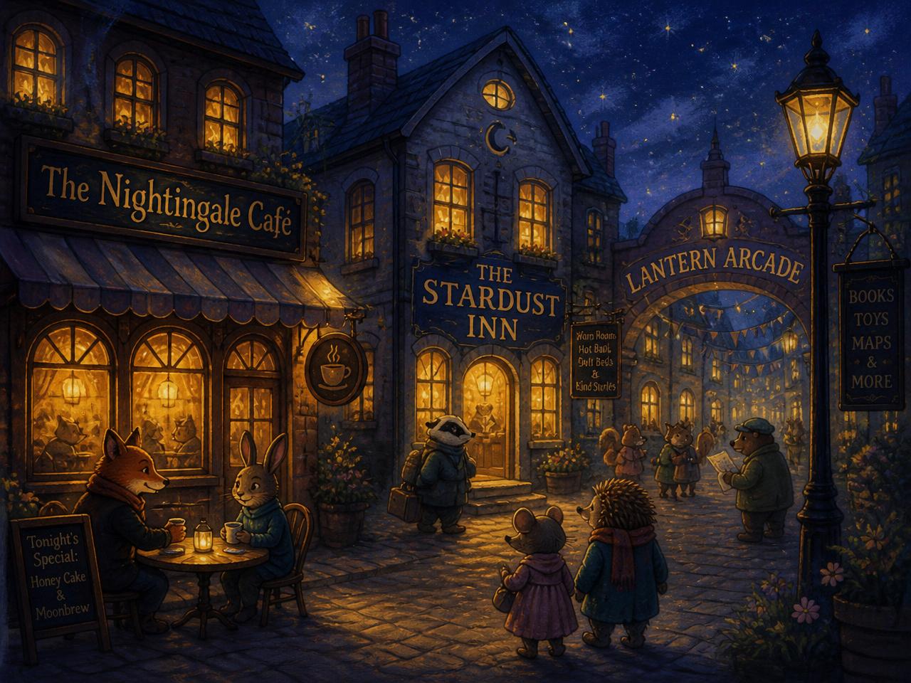 A lantern-lit Lumavill street with a cafe, an inn and an arcade